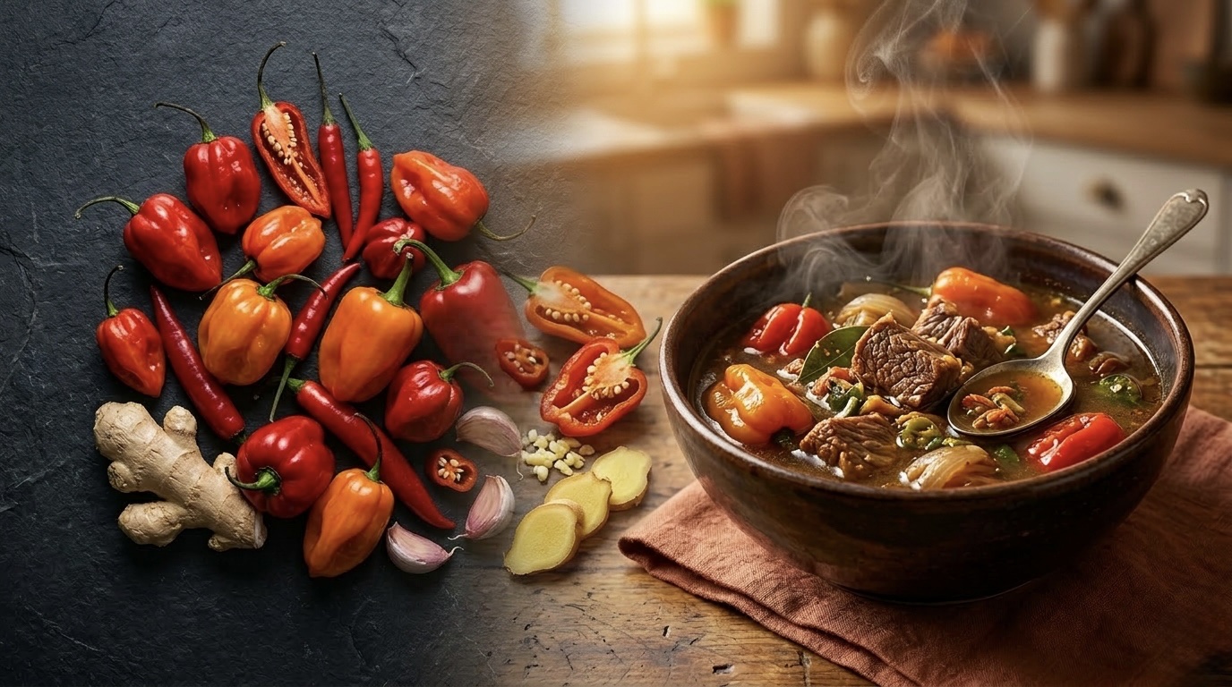 Fresh peppers and spices alongside a steaming bowl of peppersoup