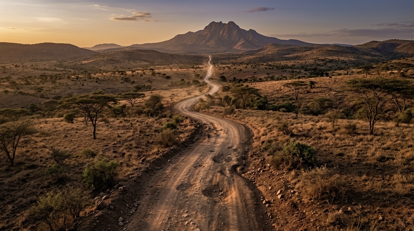 A winding dusty road through the African landscape at sunset