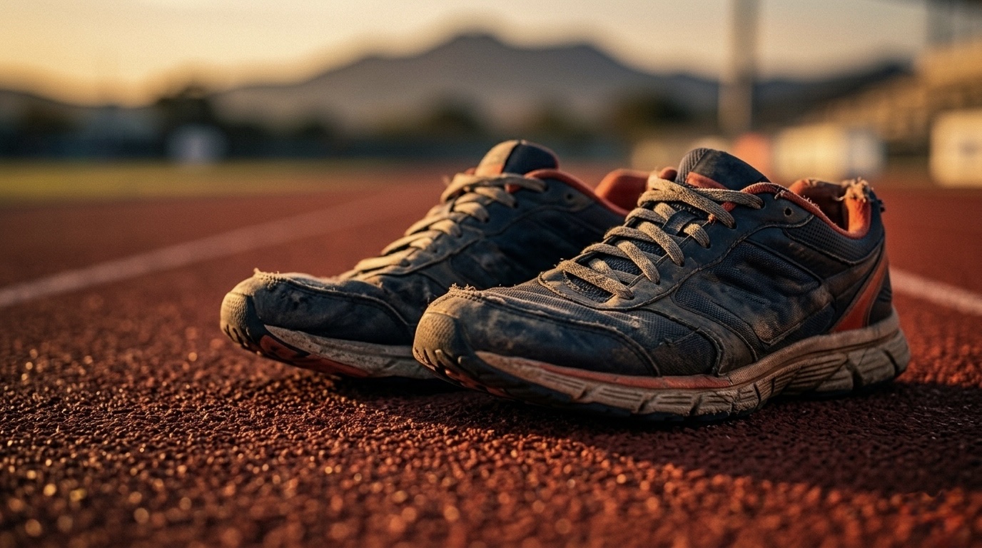 Worn running shoes on a track at sunset