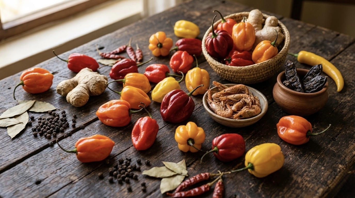 A spread of West African peppers and spices on a wooden table